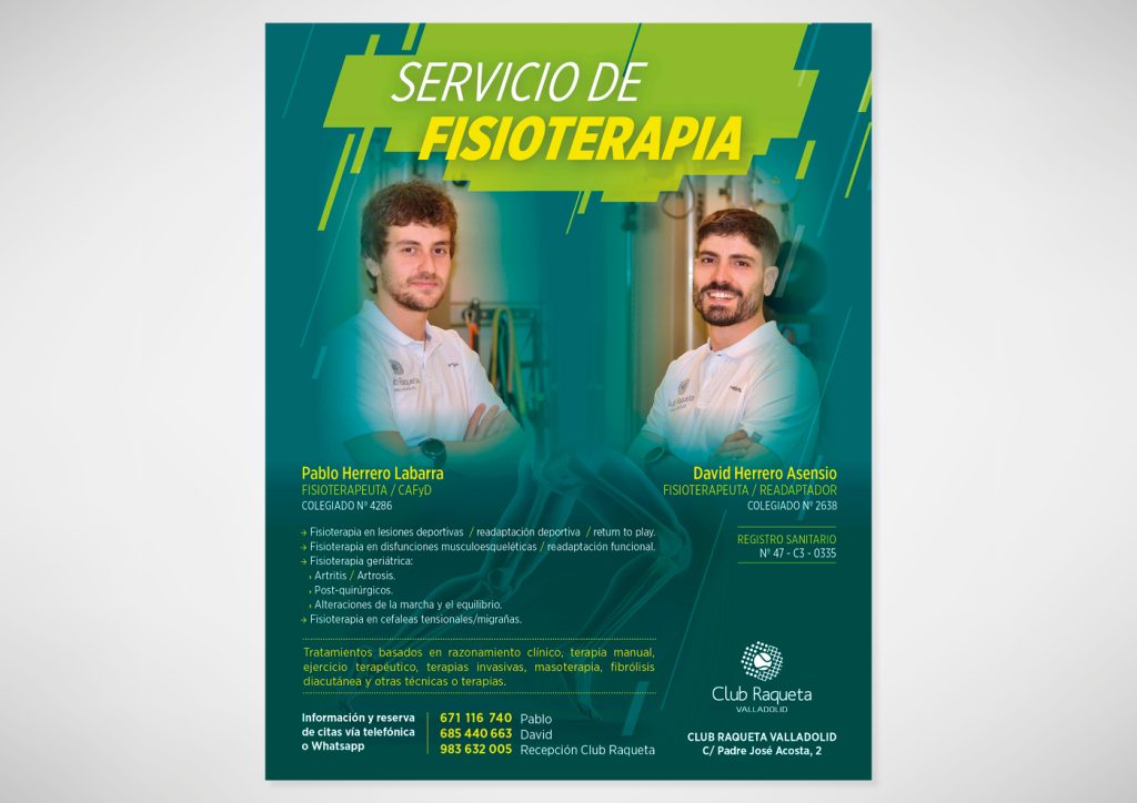 Diseño de cartel para el servicio de fisioterapia del Club Raqueta Valladolid en el año 2023