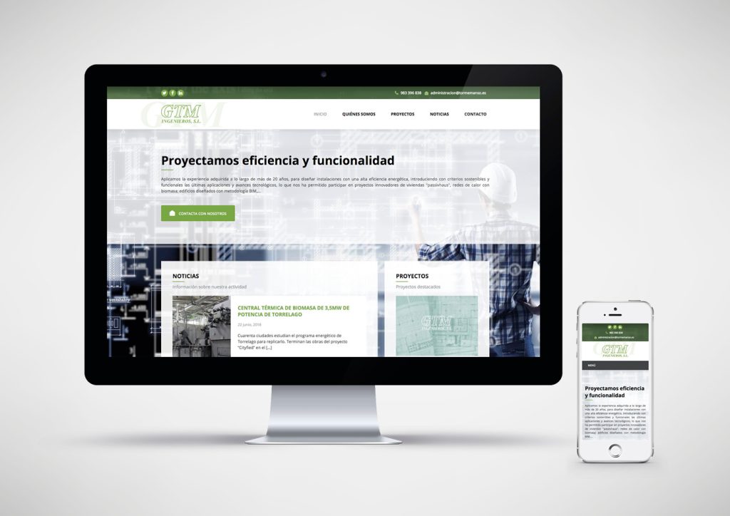 Vista de la página web diseñada y desarrollada para GTM Ingenieros, en ordenador y móvil