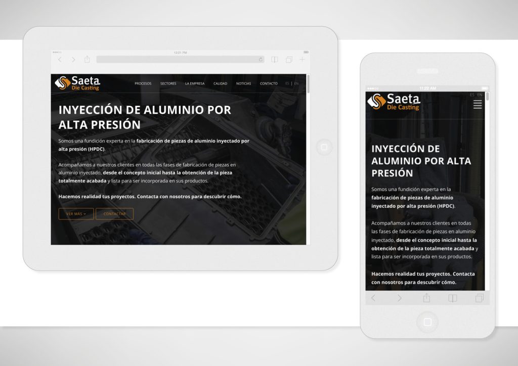 Vista de la página web creada para Saeta Die Casting, en tablet y smartphone