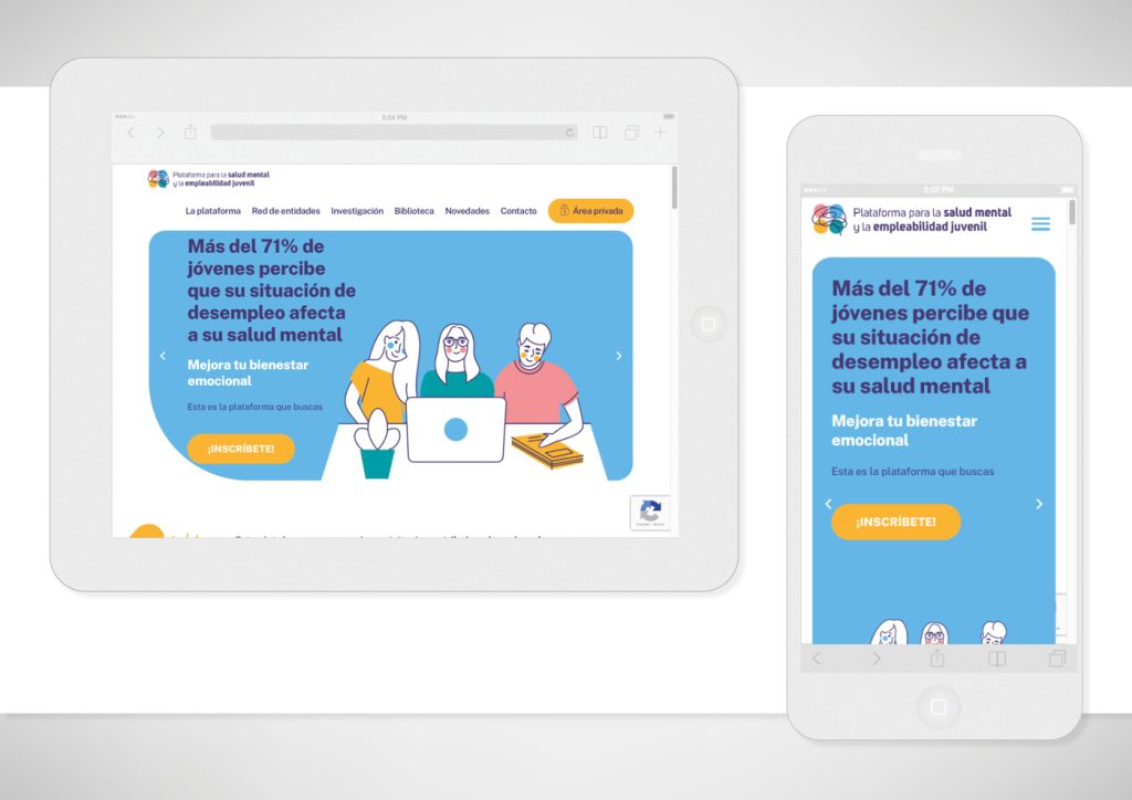 Vista del diseño y desarrollo realizado para la web Plataforma para la Salud Mental y la Empleabilidad Juvenil en tablet y smartphone