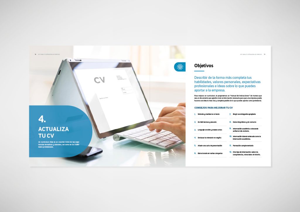 Muestra del interior del manual Kit para tu Búsqueda de Empleo, diseñado para la Fundación Santa María la Real