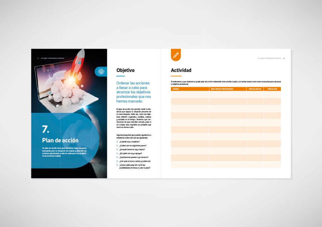 Muestra del diseño creado para el manual Kit para tu Búsqueda de Empleo, diseñado para la fundación