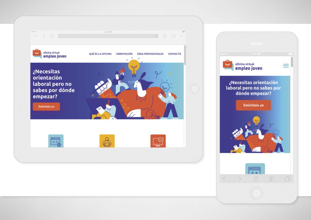 Vista de la web diseñada para la Oficina Virtual Empleo Joven  de la Fundación Santa María la Real, en tablet y smartphone