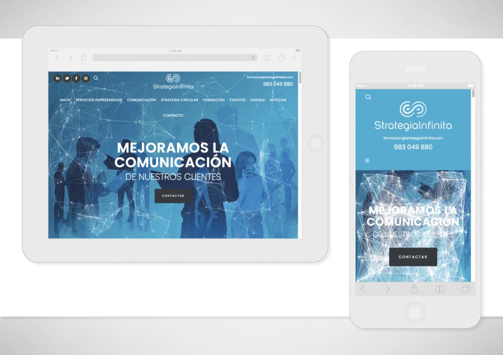 Vista de la página web diseñada para la empresa Strategia Infinita, en tablet y smartphone