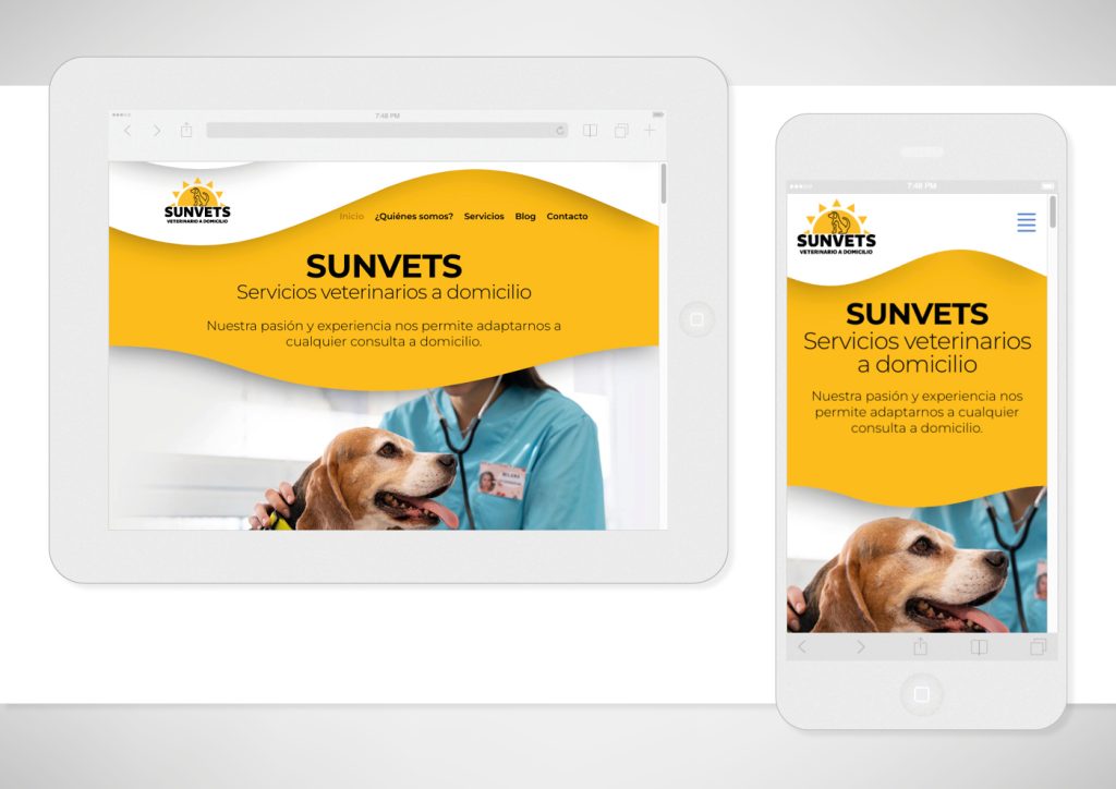 Vista del diseño y desarrollo de página web realizado para Sunvets en tablet y smartphone