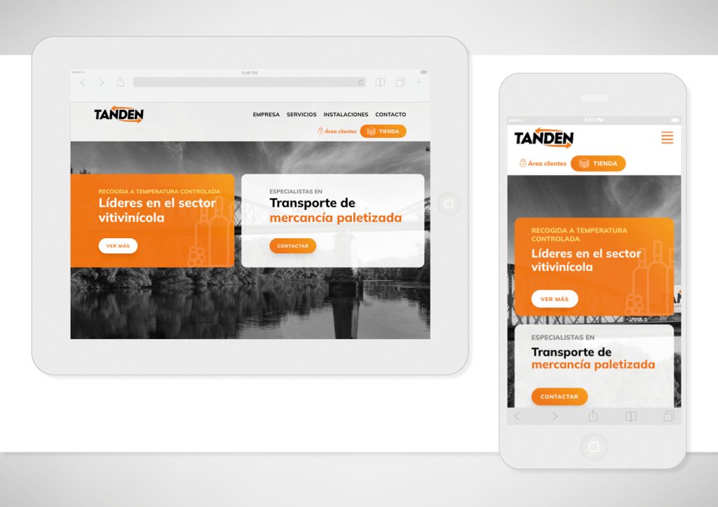 Vista del diseño para la web de Tanden Transportes en tablet y smartphone