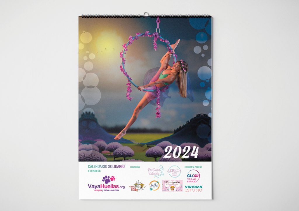 Portada del calendario solidario de 2024 a favor de Vaya Huellas en la que una chica de la escuela de Pole Dance Valladolid está colgada de un aro en un paisaje de fantasía