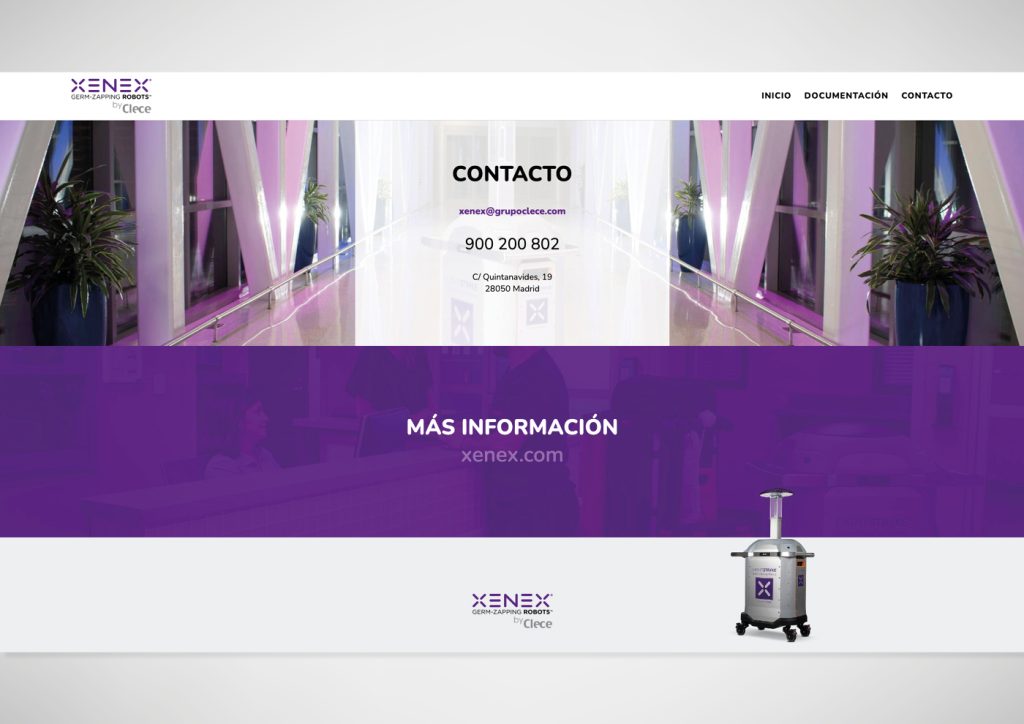 Página de contacto en la web del robot de desinfección