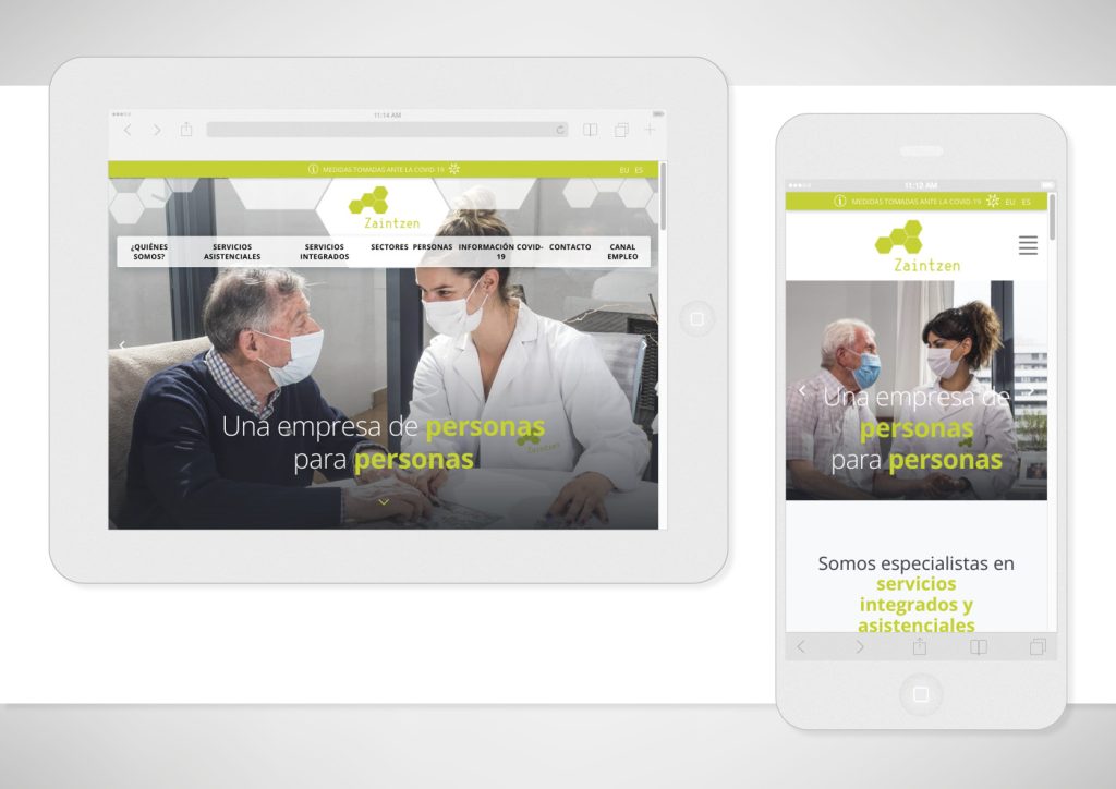 Vista del diseño de página web realizado para la empresa Zaintzen Servicios Integrales, en tablet y smartphone
