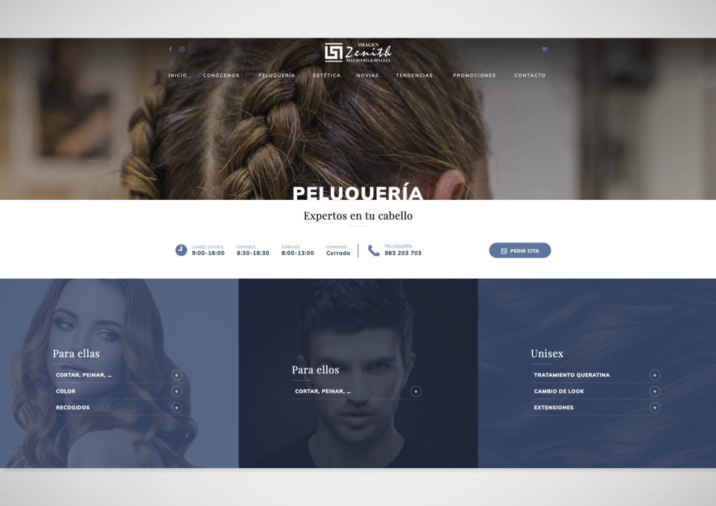 Muestra del diseño creado para la página web de Peluquería y Estética Zenith
