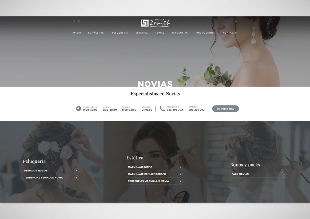 Muestra del diseño creado para la página web de Peluquería y Estética Zenith