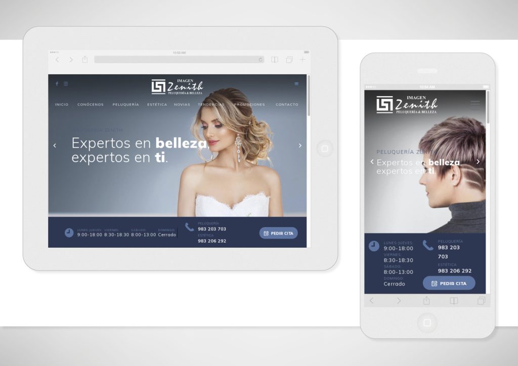 Vista de la página web diseñada para Peluquería y Estética Zenith, en tablet y smartphone